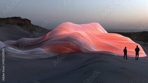 Surreal Desert Landscape with Colorful Wavy Form and Two Silhouetted Figures at Dusk