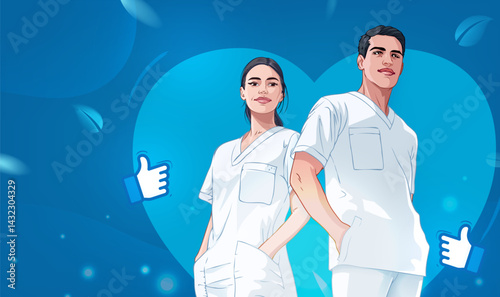 Nurse's Day horizontal illustration male and female nurses