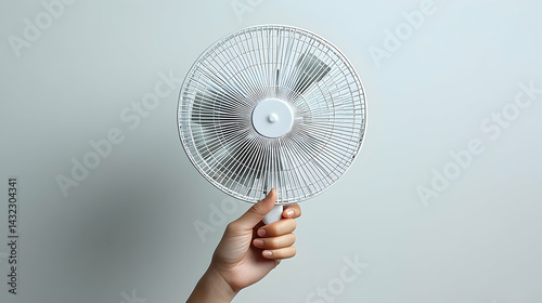 Hand Holding a White Portable Fan Against a Light Gray Backgroun photo