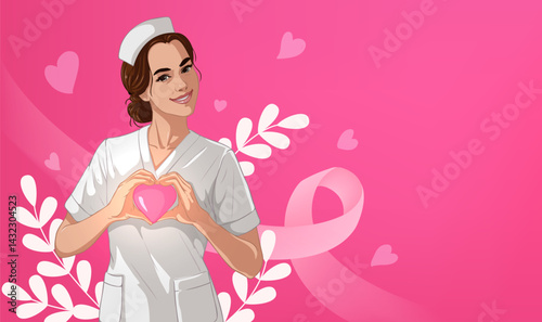 Nurse's Day horizontal illustration on the pink background of female nurses than love