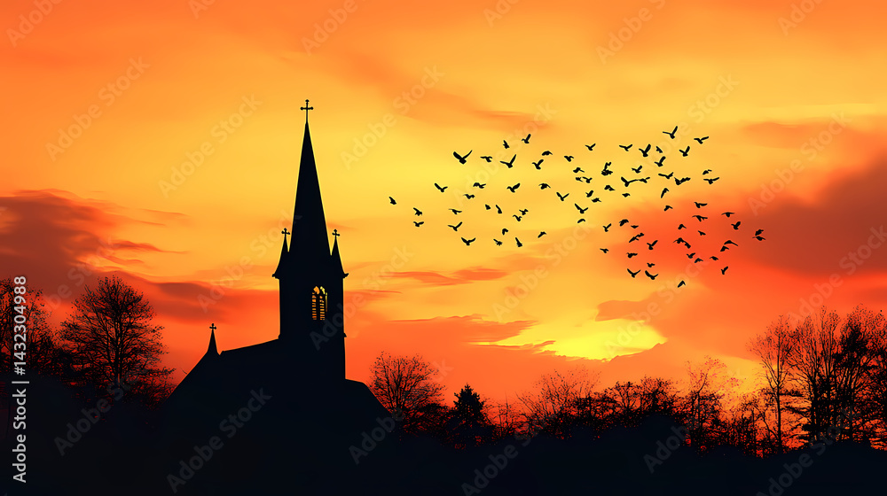 Obraz premium Sunset silhouette of church steeple with flock of birds in flight against vibrant orange sky. Dusk Spire. Illustration