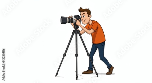 Cartoon man with camera on tripod taking a picture in a studio setting with a white background image