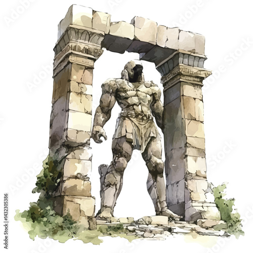 watercolor of Crumbled Colossus Guarding An Ancient Gate, vector, isolated on a white background.