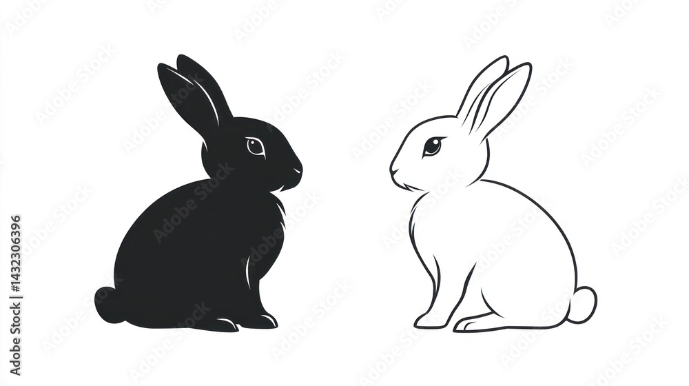 Fototapeta premium Two rabbits, black silhouette and white outline