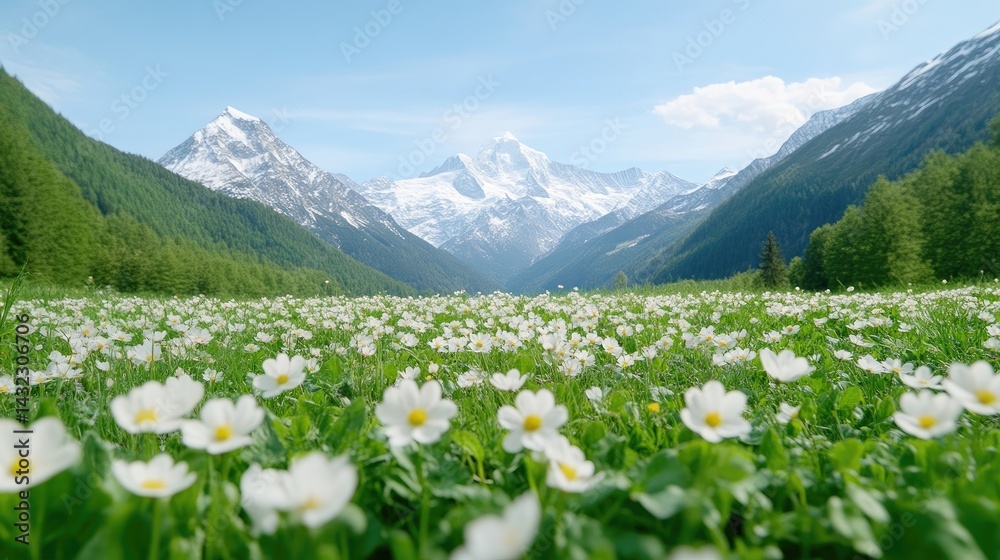 Fototapeta premium Majestic Alpine meadow blanketed in white flowers, with towering snow-capped peaks in the background