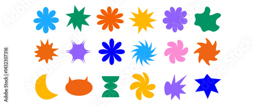 Vector set of hand drawn stars, design elements, badges, stickers, geometric figures - abstract background elements for branding, packaging,