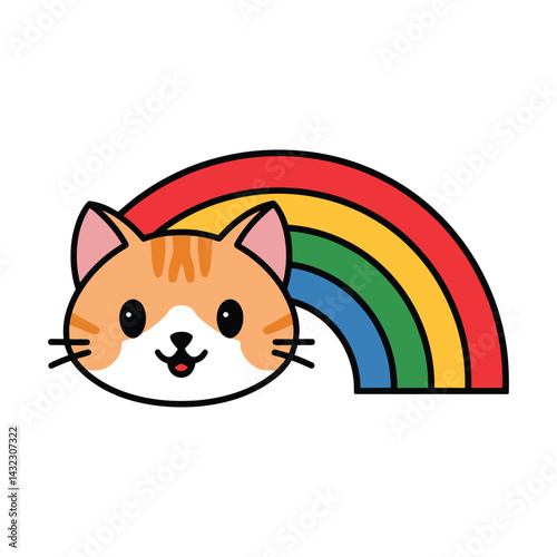 Cute Orange Cat Head With Rainbow Cartoon Illustration