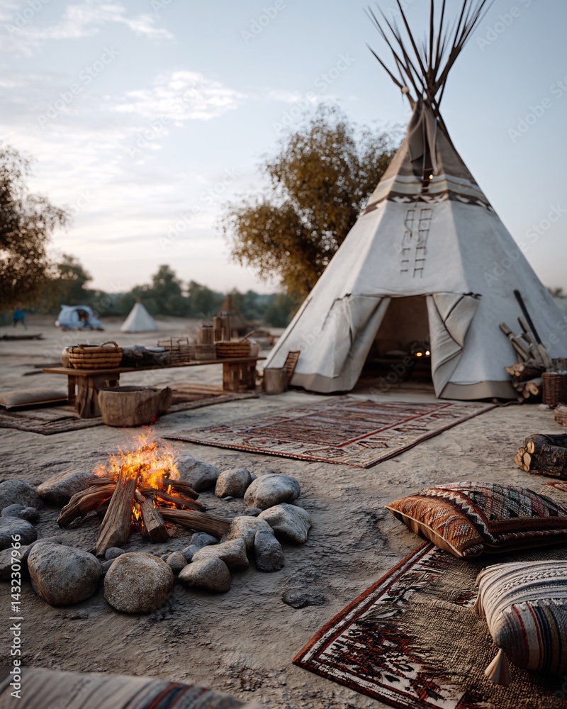 Cozy Outdoor Camp Setup with Teepee, Campfire, Rugs, and Rustic Wooden Furniture at Sunset