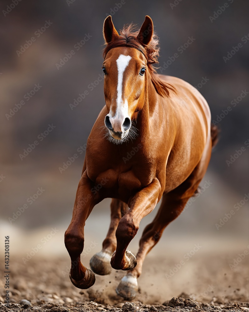 Majestic brown horse galloping energetically across a rustic landscape with blurred background