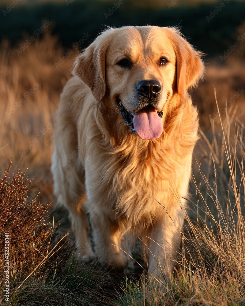 Golden Retriever Walking Through Grass at Sunset on a Warm Evening in Nature's Embrace