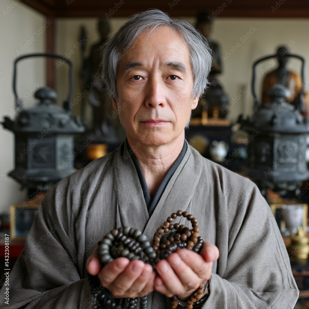 Serene Individual Practicing Mindfulness with Prayer Beads in Traditional Asian Setting