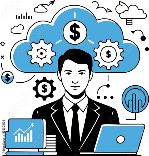 A thinking businessman envisions cloud computing as a successful technology concept for business communication