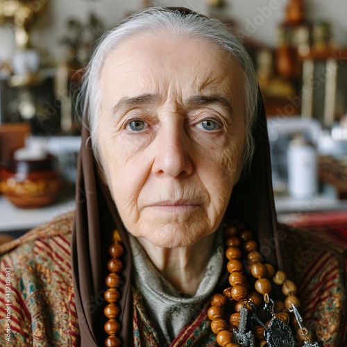 Obraz na płótnie Elderly Woman with Traditional Jewelry in a Soft Focus Setting Surrounded by Artisan Crafts w salonie