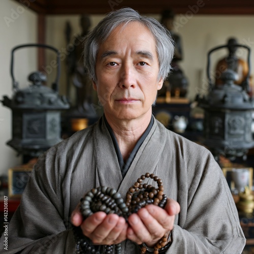 Obraz na płótnie Serene Individual Practicing Mindfulness with Prayer Beads in Traditional Asian Setting w salonie