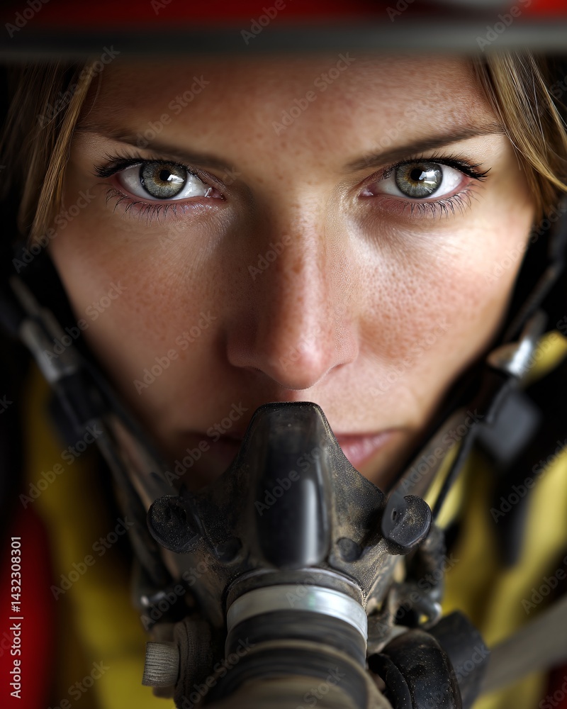 Intense Portrait of a Woman in a Mask with a Focused Gaze and Determined Expression