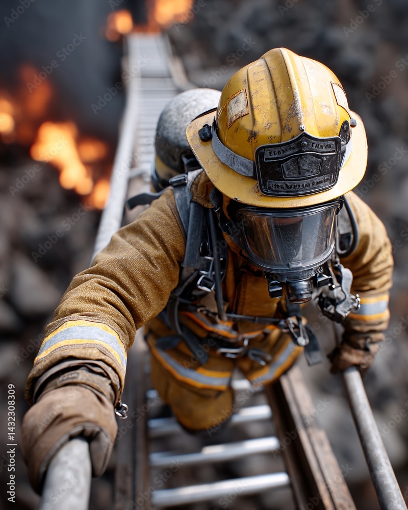 Brave Firefighter Climbing Ladder While Battling Intense Blaze in Difficult Conditions