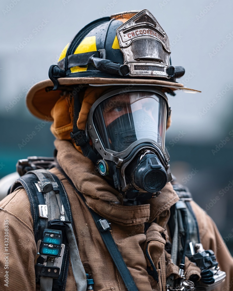 Brave firefighter in full gear wearing mask with helmet standing ready for emergency response