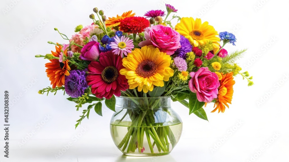 Vibrant bouquet of colorful flowers in a clear glass vase against a white background, showcasing individual blooms and lush greenery , bright flowers, centerpiece Vibrant bouquet of colorful flowers in a clear glass vase against a white background, showcasing individual blooms and lush greenery , bright flowers, centerpiece