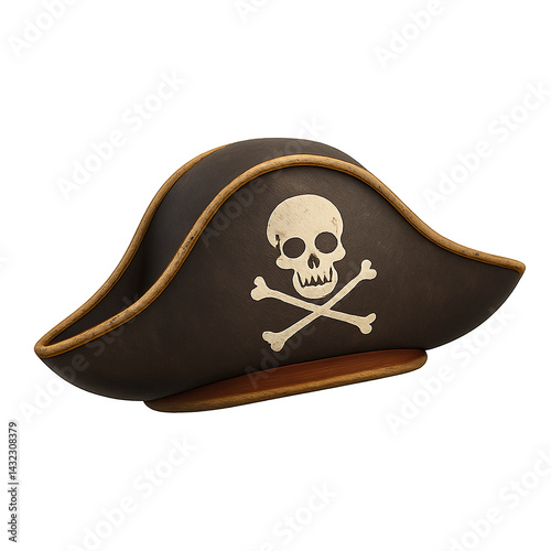 Classic pirate hat with skull and crossbones emblem, featuring aged leather texture and golden trim, isolated for costume or adventure-themed design use