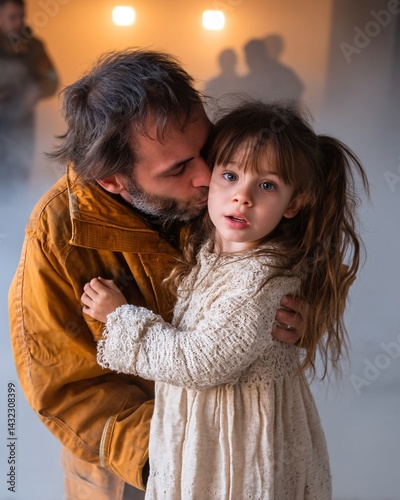 Obraz na płótnie Emotional Father and Daughter Moment in a Softly Lit Space with Gentle Fog and Blurred Background w salonie