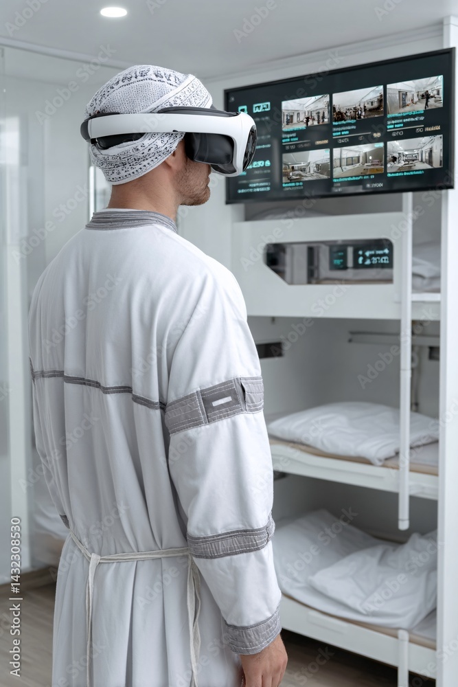 Person in Traditional Attire Using Virtual Reality Headset in a Modern Space with Screens