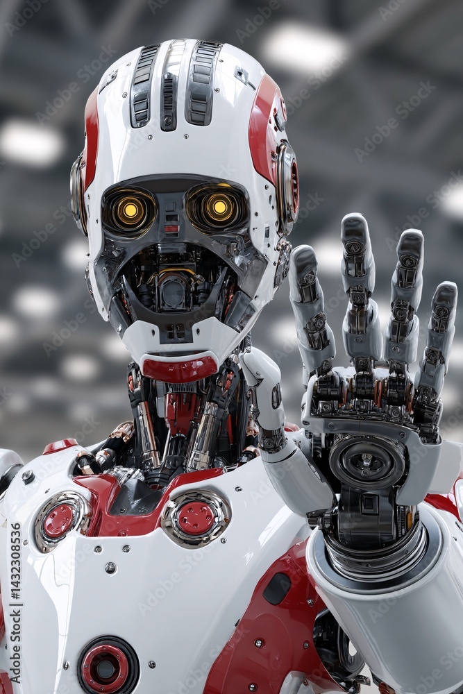 Futuristic humanoid robot with intricate design and advanced technology in modern industrial space