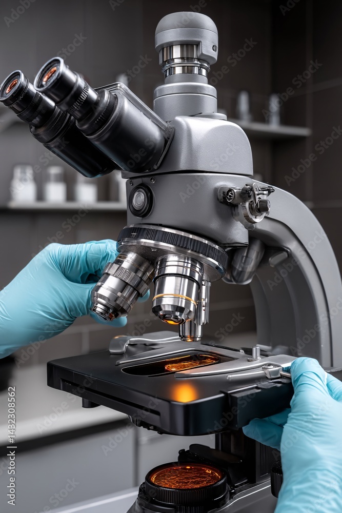 High Magnification Microscope in Modern Laboratory with Hands Adjusting Sample Stage