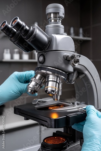 Obraz na płótnie High Magnification Microscope in Modern Laboratory with Hands Adjusting Sample Stage w salonie