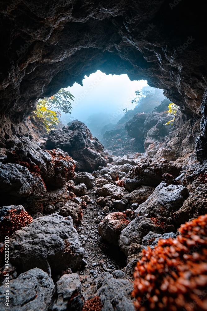 Stunning Cave Entrance Surrounded by Unique Rock Formations and Lush Vegetation in Mist