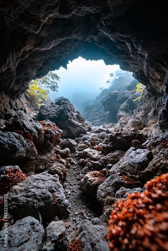 Obraz na płótnie Stunning Cave Entrance Surrounded by Unique Rock Formations and Lush Vegetation in Mist w salonie