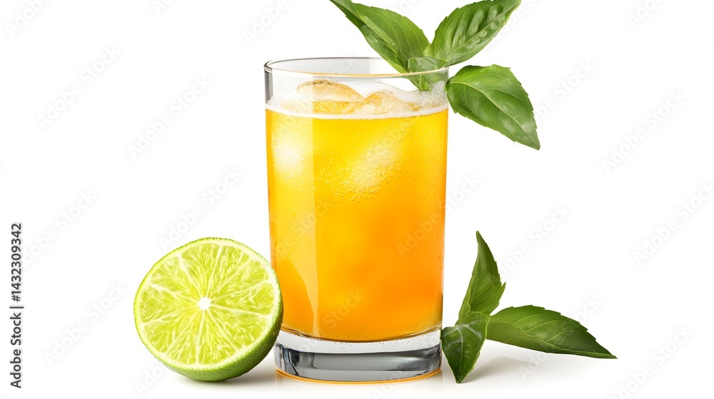 Refreshing iced citrus beverage with lime and basil garnish in a tall glass against white background. Refreshing iced citrus beverage with lime and basil garnish in a tall glass against white background.