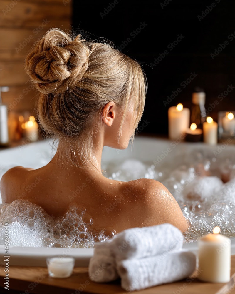 Relaxing Woman Enjoying a Spa Bath with Bubbles and Soft Candles in a Tranquil Environment