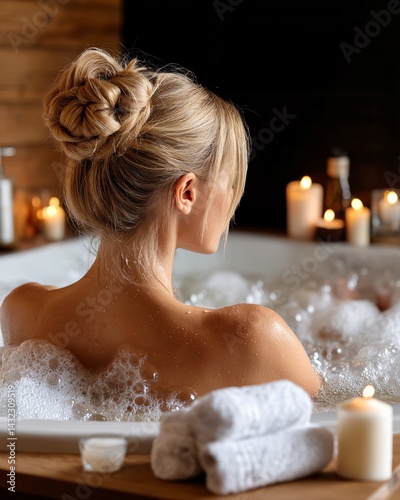 Obraz na płótnie Relaxing Woman Enjoying a Spa Bath with Bubbles and Soft Candles in a Tranquil Environment w salonie