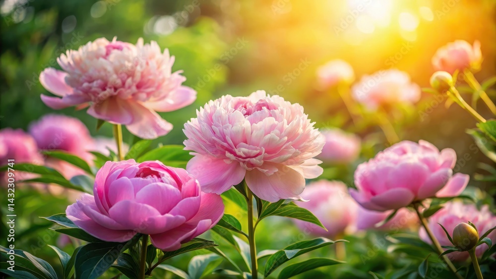 Fototapeta premium Soft pink peonies unfolding in a lush green garden with warm sunlight filtering through trees , garden beauty, in flower garden
