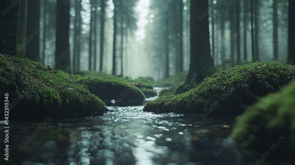 Obraz premium Misty forest stream flowing through mossy rocks.