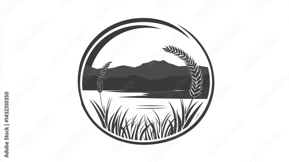 Obraz premium Lakeside mountain wheat field harvest scene; nature logo