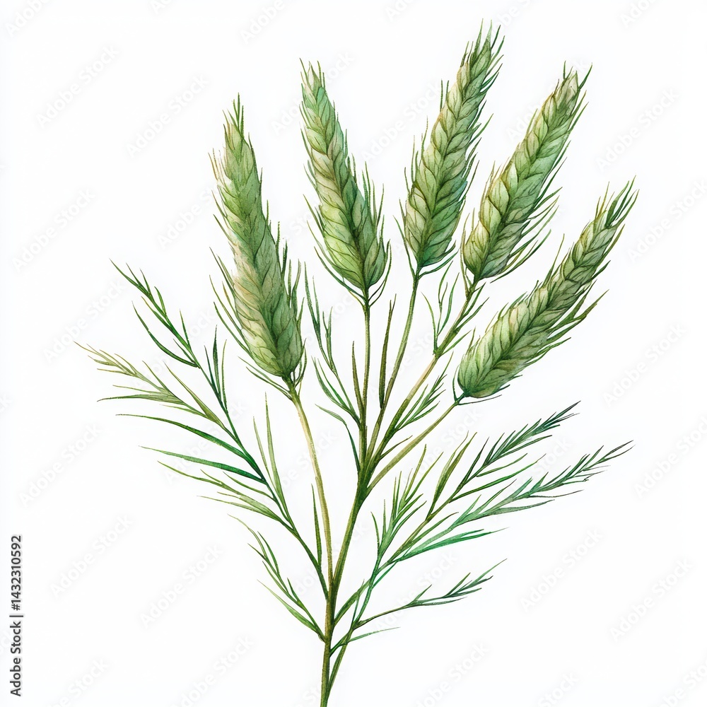 Fototapeta premium Green Plant Stem with Leaves and Buds on a White Background