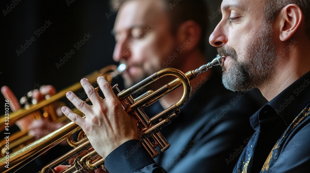 Obraz premium Two trumpet players focus intently on their instruments.