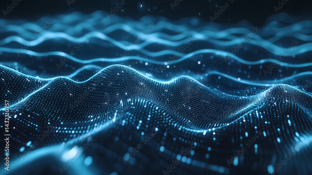 digital wave-like structure glowing blue points lines futuristic data visualization undulating patterns dark background enhances luminescence digital wave-like structure glowing blue points lines futuristic data visualization undulating patterns dark background enhances luminescence