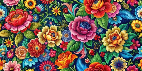 Colorful floral motifs on fabric with intricate details and vibrant hues, creating a visually appealing seamless design