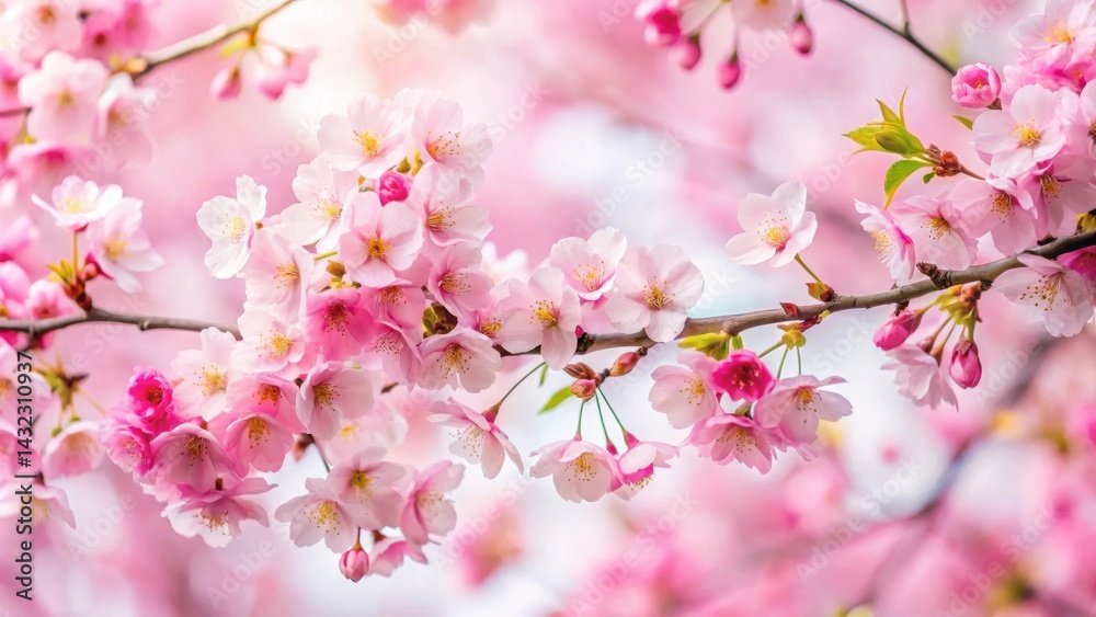 Fototapeta premium Pink cherry blossom branches in full bloom against a soft white background , blossoms, spring