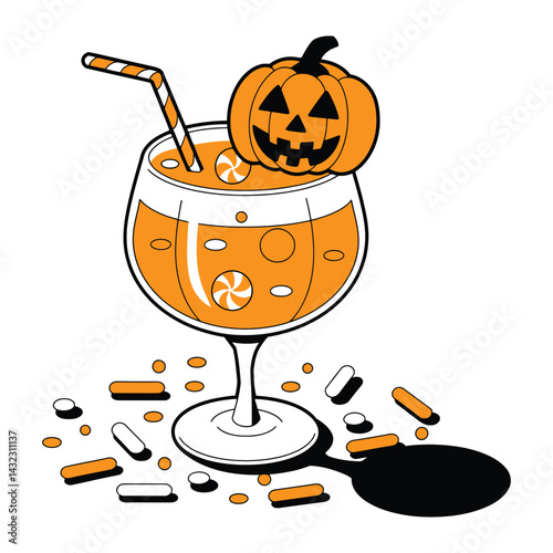 Halloween Cocktail with Jack-o'-Lantern and Candy Illustration