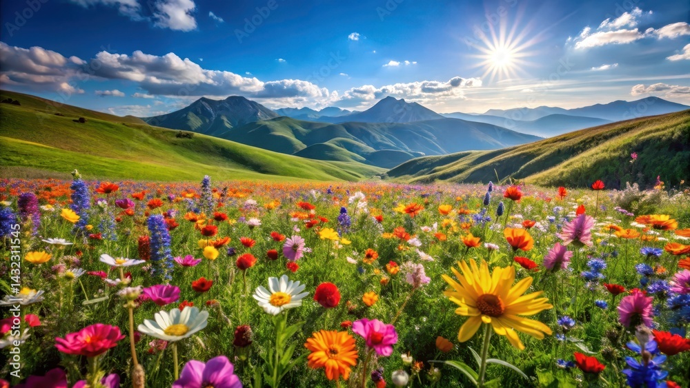 Obraz premium Vibrant colorful flowers blooming in a serene mountain meadow with rolling hills and a clear blue sky on a sunny day, beautiful landscape, hills