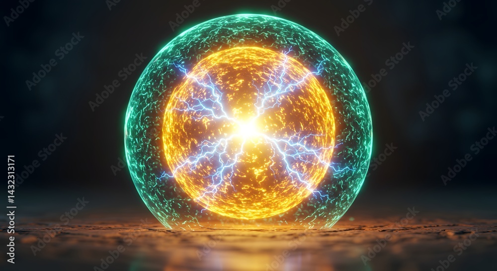 Naklejka premium Glowing orb with electric arcs and a green energy shield on a textured surface in a dark environment
