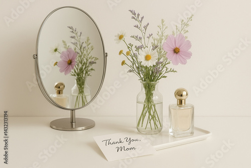 Wallpaper Mural A single mirror reflecting a bouquet of wildflowers, a perfume bottle, and a handwritten “Thank You, Mom” card - Generative AI Torontodigital.ca