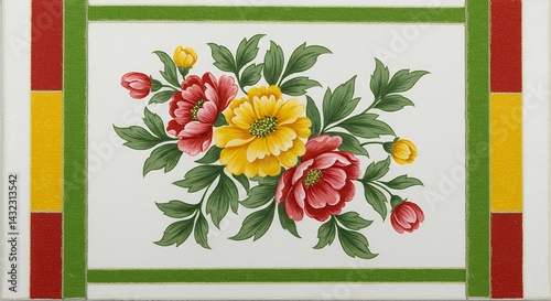 Behold charming painting featuring arrangement colorful flowers lush green leaves clean white enhanced subtle green trimmings framed series borders white green yellow