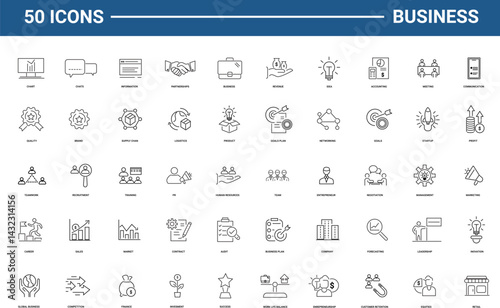 Business set of web icons in line style. Business linear icon collection. Containing partnership, product, teamwork, businessman, marketing, team, and more. editable stroke 