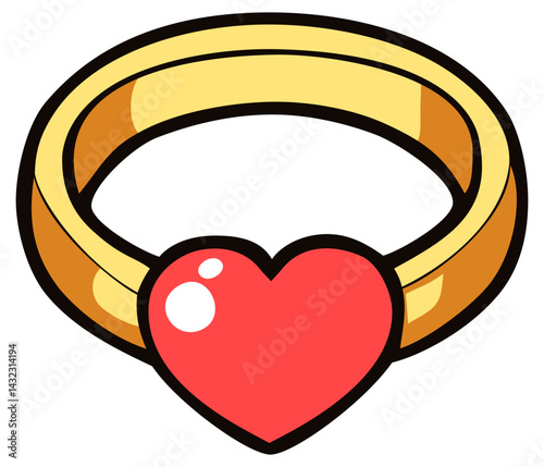 Gold wedding ring with heart shaped gem. Editable color vector
