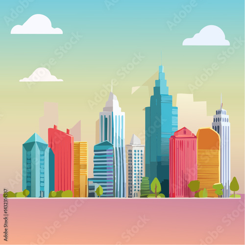 Vector Image:  Silhouette, Tall Buildings for a Colorful Big City Skyline