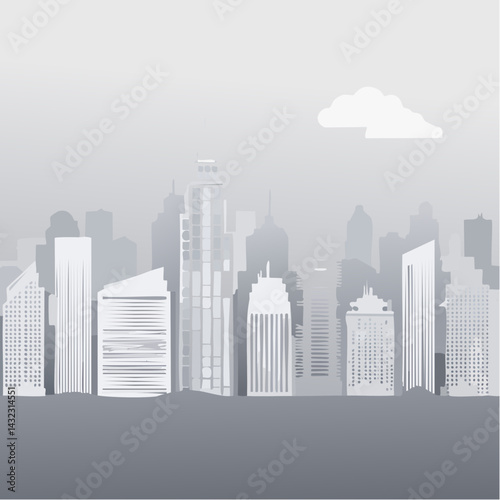 Vector Image:  Silhouette, Tall Buildings for a Foggy Morning Big City Skyline